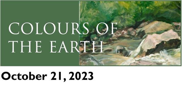 Painting of a river running through rocks. Concert title Colours of the Earth on a green background beside it. Below is concert date of October 21, 2023