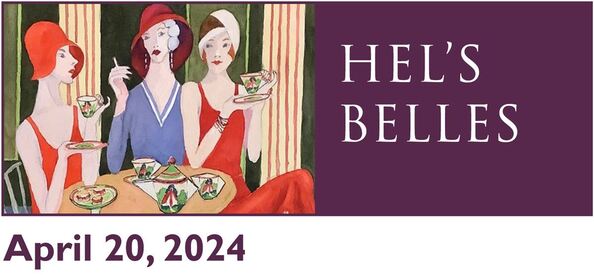 Painting of three women sitting at a table. One in smoking and the other two are drinking tea. The concert title Hel's Bells is beside it on a purple background. The concert date of April 20, 2024 is below